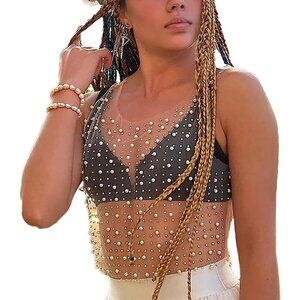 Women's Black Rhinestone Mesh Top,Pearl Top Pearl Crop Top,Sexy Pearl Mesh Dress